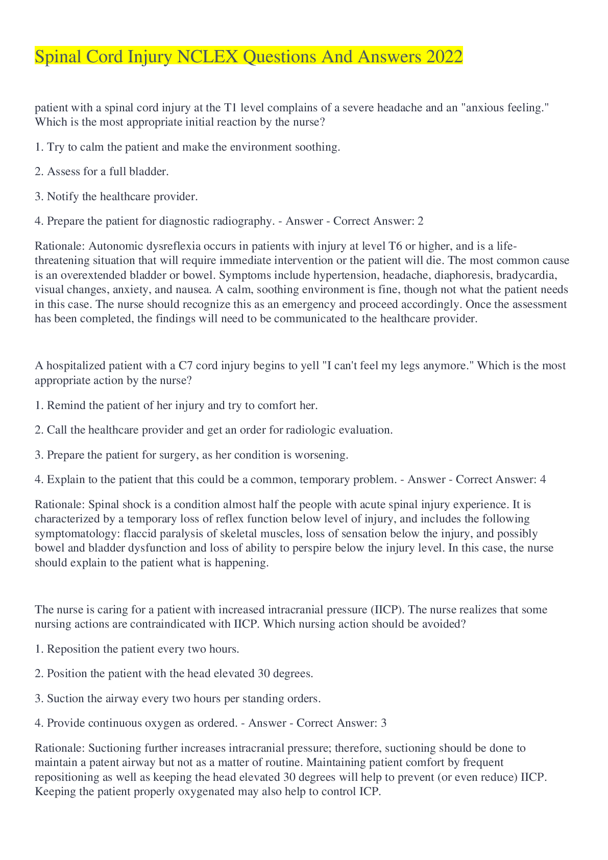 Preview of Spinal Cord Injury NCLEX Questions And Answers 2022